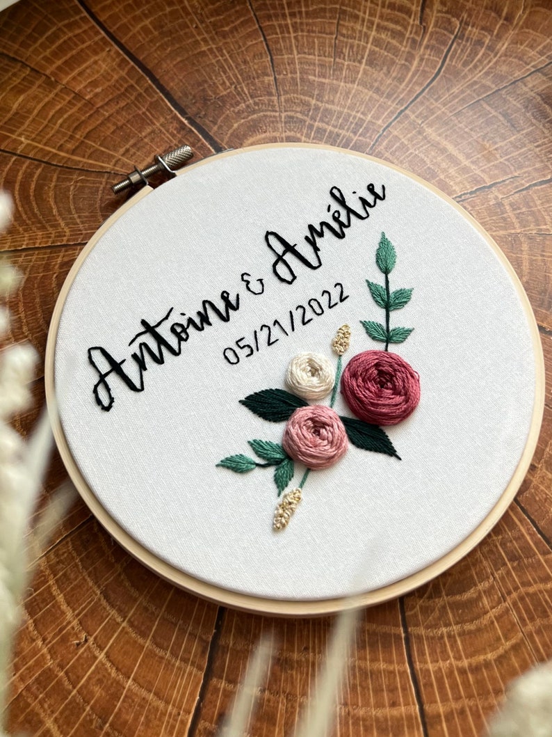 Personalized couple wedding hoop, embroidery hoop wedding, wedding gift, names embroidery, floral embroidery hoop, baby name embroidery hoop image 2