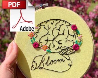 Bloom - Padrão de bordado em PDF do cérebro, Padrão de bordado em PDF, padrão, para ela, para ele, bordado floral, padrão de anatomia, artesanato faça você mesmo