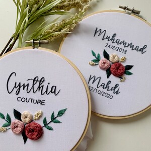 Personalized couple wedding hoop, embroidery hoop wedding, wedding gift, names embroidery, floral embroidery hoop, baby name embroidery hoop image 6