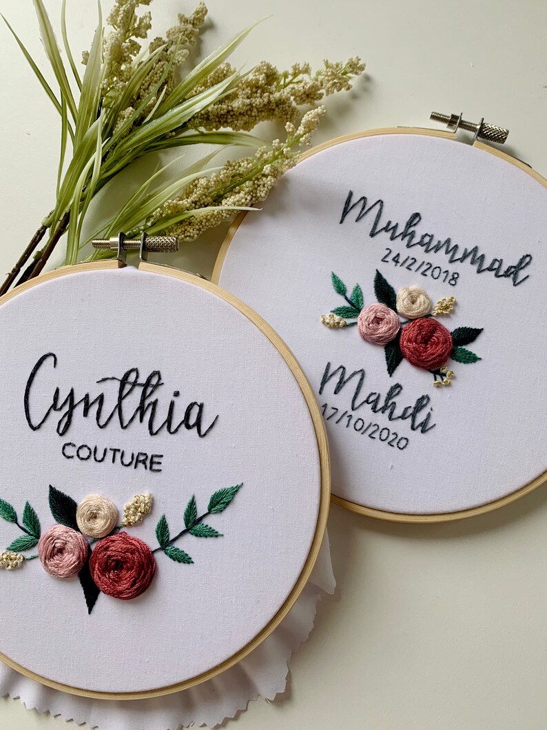 Personalized couple wedding hoop, embroidery hoop wedding, wedding gift, names embroidery, floral embroidery hoop, baby name embroidery hoop image 6