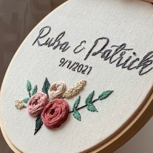 Personalized couple wedding hoop, embroidery hoop wedding, wedding gift, names embroidery, floral embroidery hoop, baby name embroidery hoop image 1
