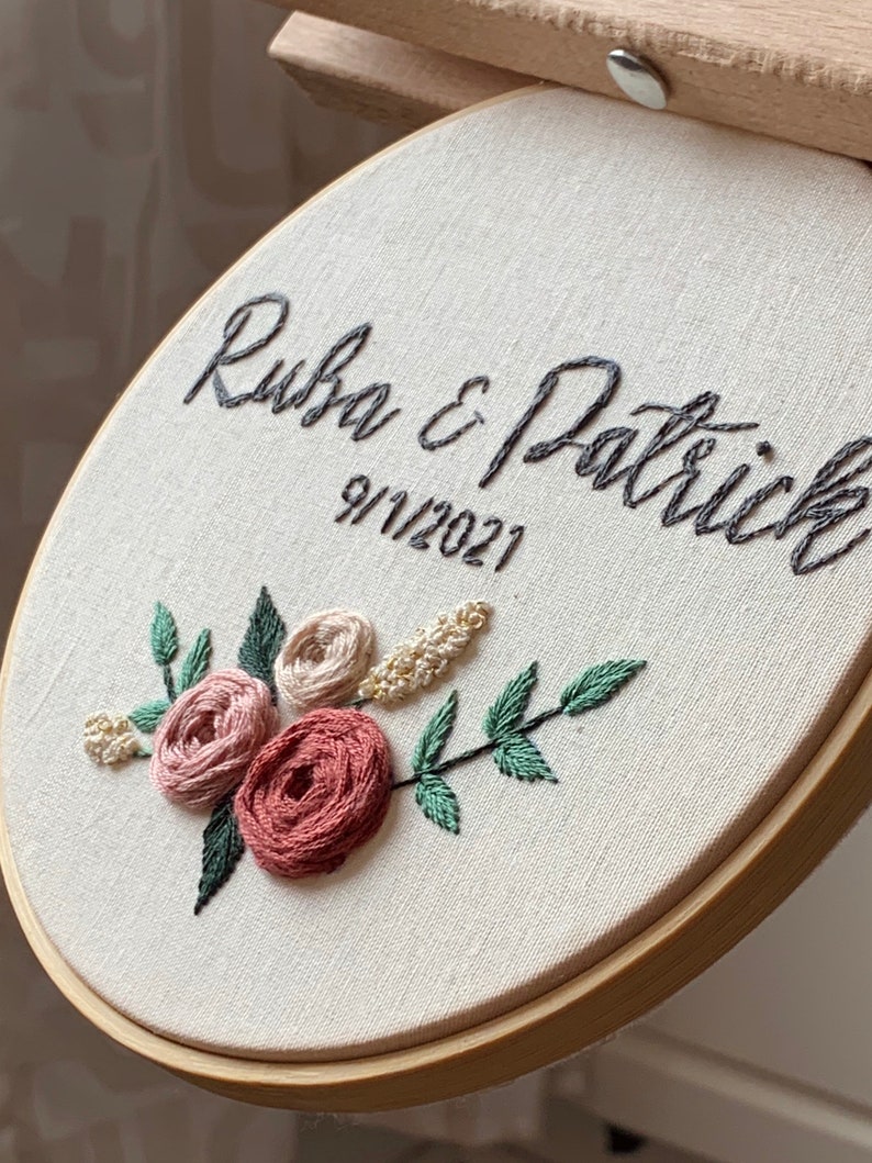 Personalized couple wedding hoop, embroidery hoop wedding, wedding gift, names embroidery, floral embroidery hoop, baby name embroidery hoop image 1