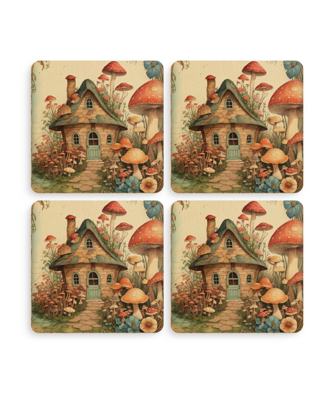 Pack of 4 Cottage Core Coasters Mushroom House Toadstool - Etsy