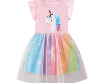 Short Sleeve Beautiful Unicorn Rainbow Girls Dress in Pink | Toddler Kid Baby Girl Dress Gift Princess Girl Dresses Cloths 2-8 Years