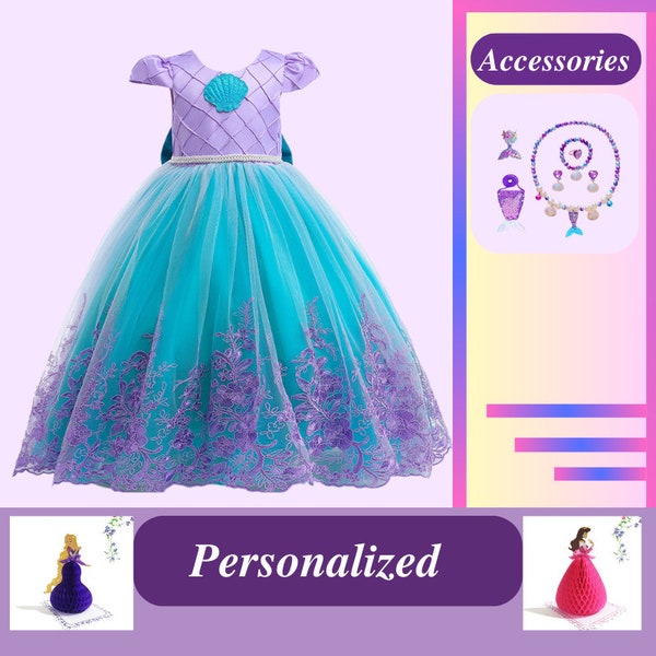 Vestido de princesa Ariel inspirado en la sirenita para niñas, fiesta temática de cumpleaños de sirena Ariel, disfraz de sirena, fiesta de disfraces, vestido elegante para niñas