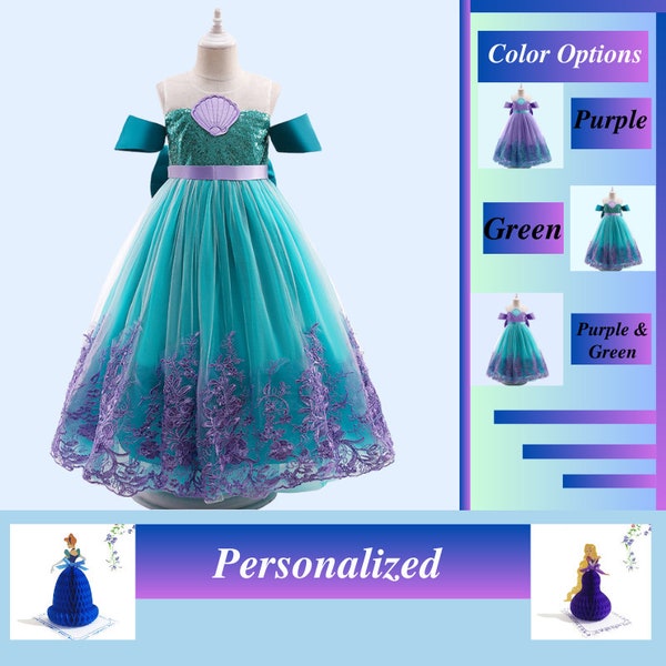 Disfraz de princesa Ariel inspirado en sirena para niñas, disfraz de sirena para niñas de 3 a 9 años, perfecto para fiesta, vestido de princesa