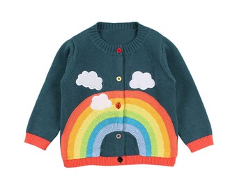 Full Sleeve Rainbow Knitted Pattern Girls Cardigan | Toddler Baby Girl Cardigan Jumpers Long Sleeve Princess Cardigans Cloths 2-8 Years