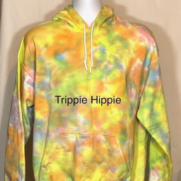 Trippie Yellow, Green & Orange Colors in this Large Unisex Adult Tie-Dyed Hoodie