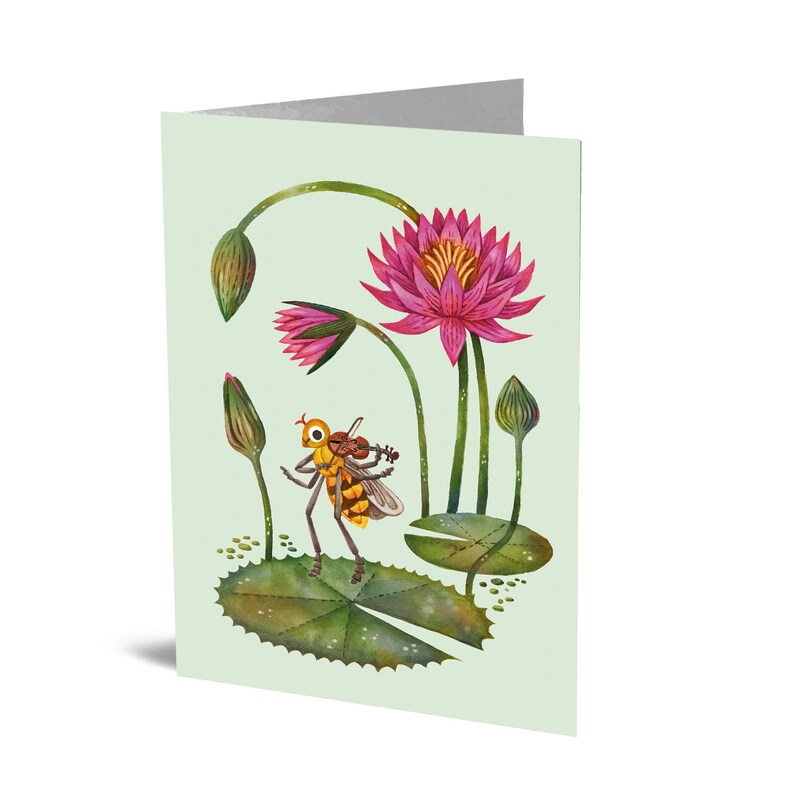 May include: A whimsical illustration of a yellow and brown insect playing a violin on a green lily pad. The insect is surrounded by pink water lilies with green stems and leaves.