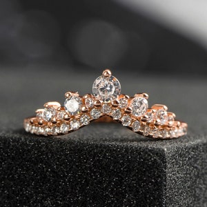 Koningin gebogen trouwring vrouwen vintage stapelring, CZ sterlingzilveren bruidsbelofteringen voor vrouwen jubileumband, verlovingsband
