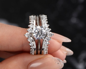 Conjunto de anillos de boda de corte redondo para mujer, conjuntos de novia de 1,25 quilates, anillo de compromiso de plata de ley 925, anillos de promesa con circonita cúbica para aniversario de mujer