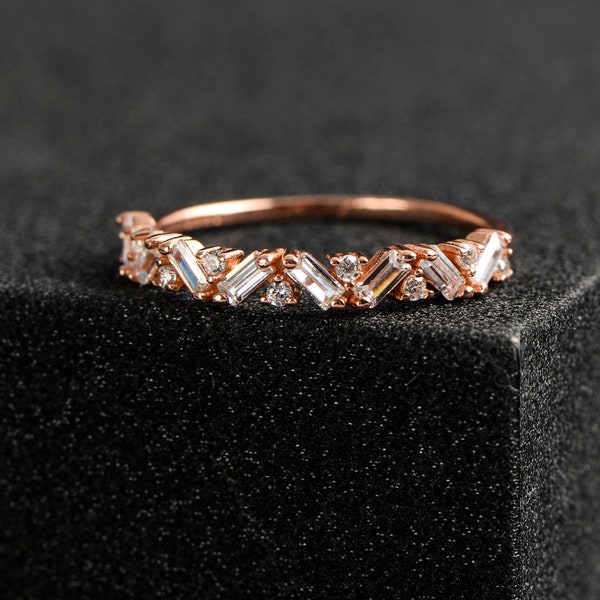 Unique Half Eternity Baguette Cut Wedding Bands Women, Vintage Rose Gold Wedding Band Women Promise Ring for Her, Eternity Rings for Women