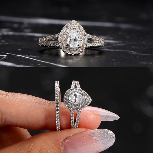 Split Shank Pear Engagement Ring Set, Sterling Silver Wedding Ring Set, Promise Ring For Women, Double Halo Rings For Women, Pear Cut Ring
