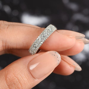 Round Cut Moissanite Wedding Bands Women, Sterling Silver Rings Wedding Band, Unique Promise Ring for Her, Half Eternity Band Stackable