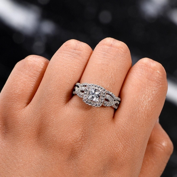 Princess Cut AAAAA Cubic Zirconia Halo Wedding Ring Set, Sterling Silver  Halo Engagement Ring Set, Promise Rings For Women, Wedding Sets