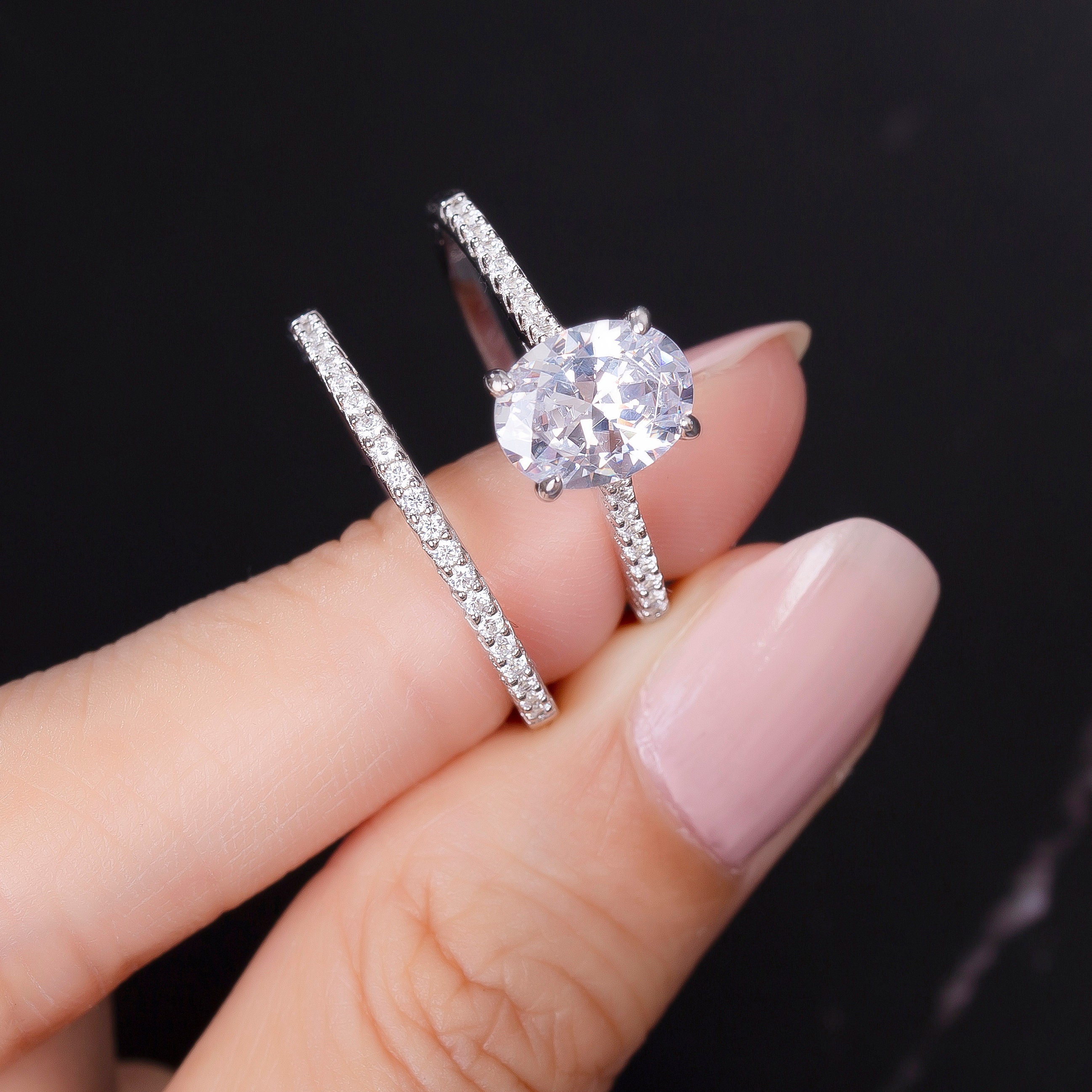 Oval Engagement Ring Set 925 Sterling Silver Oval Cut Ring Etsy