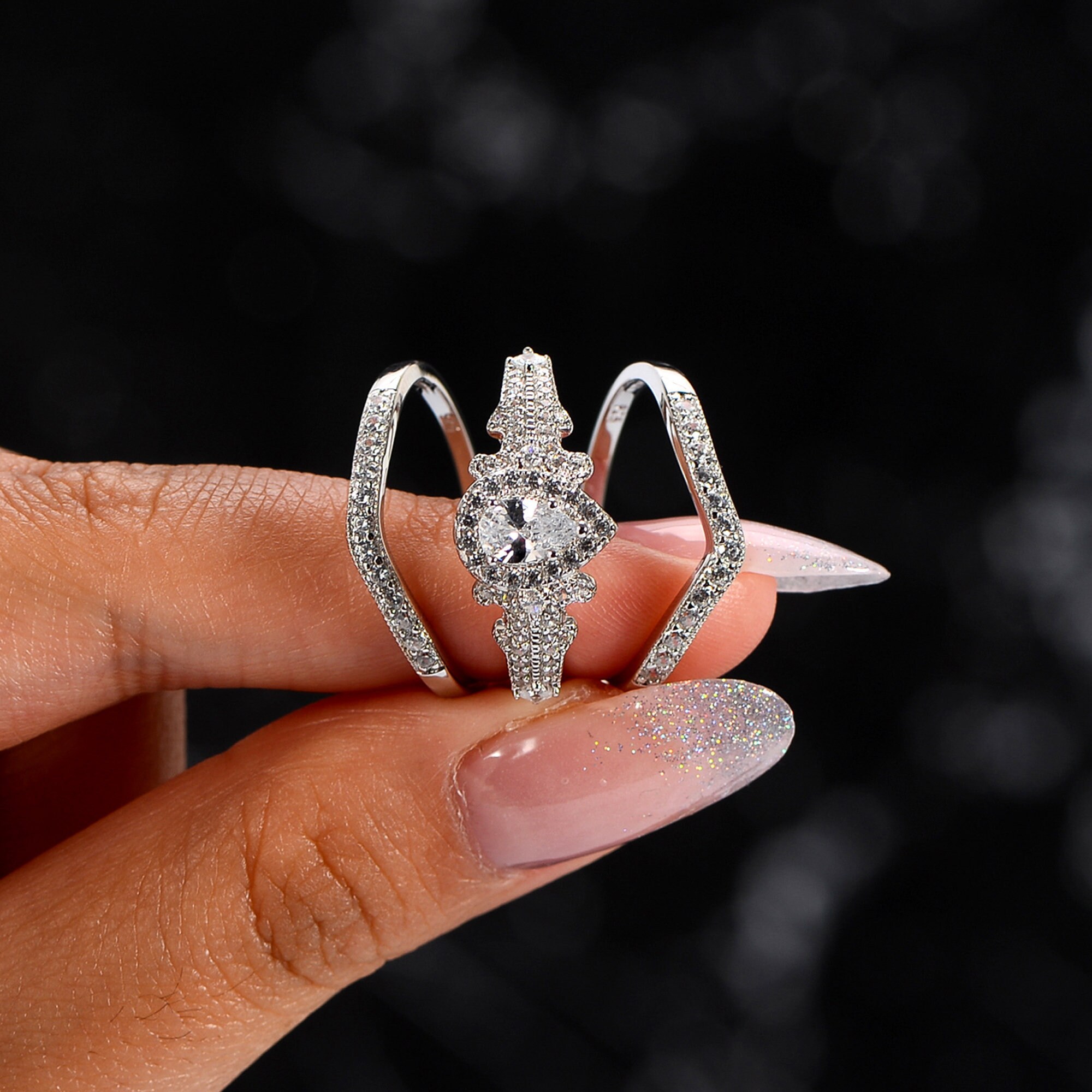 1.4CT Pear Cut Cubic Zirconia Unique Engagement Ring Set 925 Etsy