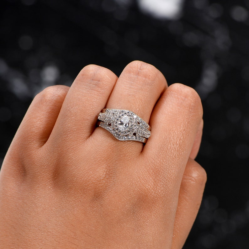 Pear Cut Ring 1.4ct Pear Wedding Ring Set Anniversary Gift Pear Promise Rings For Women 925 Sterling Silver Pear Halo Engagement Ring Set