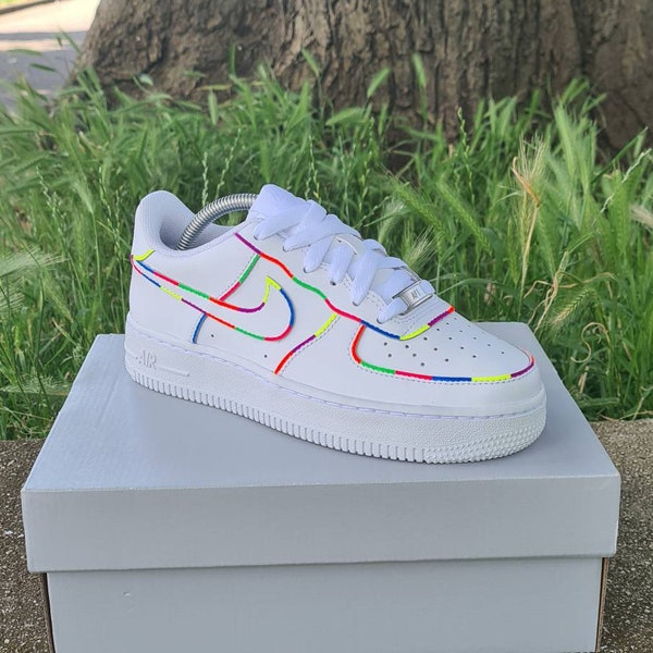 Custom Air Force 1 trainers neon regenboog contour af1 nike af1 schoenen groen paars, blauw, roze, geel oranje (heren, dames, junior, kinderen)