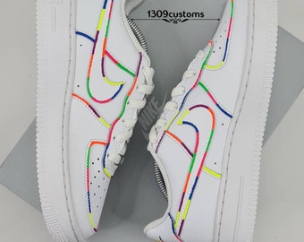 Custom Air Force 1 Turnschuhe neon regenbogen umrissen af1 Schuhe grün lila, blau, pink, gelb orange (Herren, Damen, Junior, Kinder)