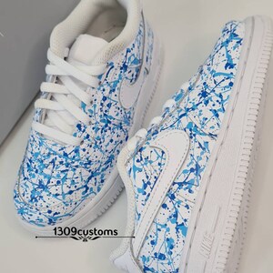 Custom air force 1, custom blue splash trainers, custom blue sneakers, blue trainers, personalised af1, youth kids trainers sneakers