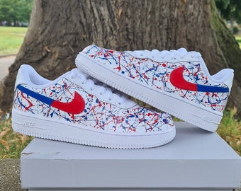 Custom red and blue Air Force 1 trainers, af1 splat sneakers, personalised sneaker trainer (mens, women's junior kids and infants)