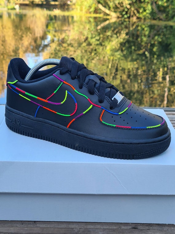 Nike Air Force 1 Black Neon Outline Custom Shoes Blue Green Yellow Pink All  Size