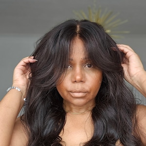 KELLY  Brunette Lace front Wig: Ready to wear Handmade High Quality Human Hair with Natural Straight Texture and Curtain Bangs