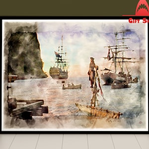 May include: A watercolor painting of a pirate ship sailing in the ocean. The ship is in the foreground, with a rocky cliff in the background. A pirate stands on a small boat in the water, looking out at the ship.