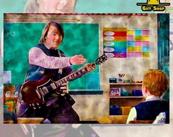May include: A man in a white shirt and vest plays a brown electric guitar in a classroom. A young boy sits at a desk and watches. A green chalkboard is behind the man. A colorful chart is on the wall behind the boy.