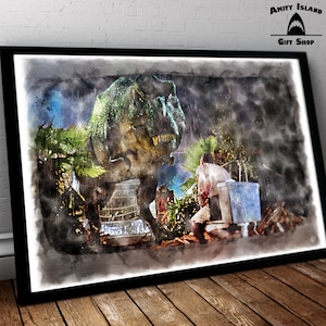 Jurassic Park Bathroom Scene  / T-Rex Funny Art / Bathroom Artwork / T-Rex Present / Wacky Bathroom Decor