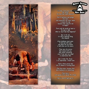May include: A bookmark with a watercolor illustration of two figures standing in a cave with a fire in the background. The bookmark has a quote from the Lord of the Rings about the importance of fighting for good in the world. The quote reads, "It's like in the great stories...Mr. Frodo, the ones that really mattered...full of darkness and danger they were, and sometimes you didn't want to know the end, because how could the end be happy? But in the end, it's only a passing thing, this shadow. Even darkness must pass. A new day will come, and when the sun shines it will shine out the clearer. Choose were the stories that stayed with you, that meant something, even if you were too small to understand why. But I think, Mr. Frodo, I do understand. I know now. Folk in those stories had lots of chances of turning back. Only they didn't, because they were holding on to something...Chat there's some good in this world, Mr. Frodo. And it's worth fighting for."
