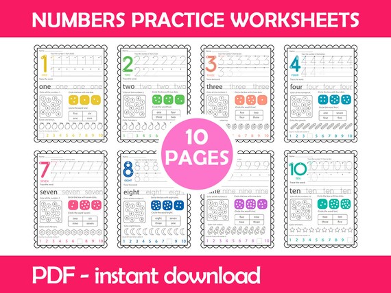 numbers writing worksheets counting math tracing etsy