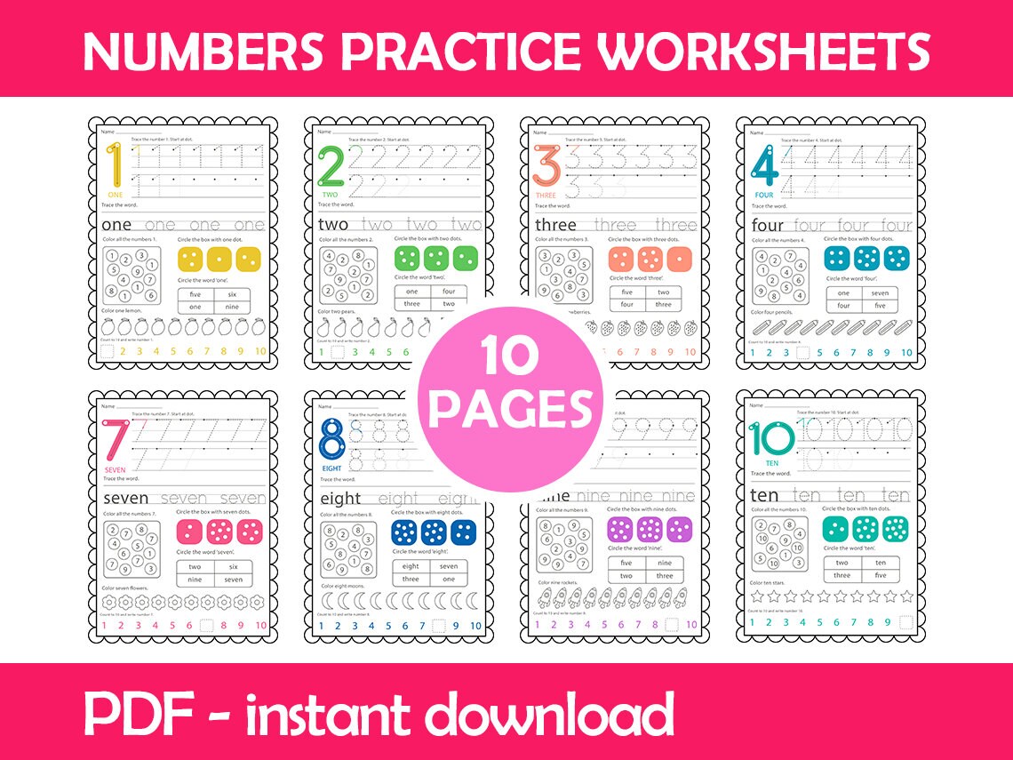 numbers writing worksheets counting math tracing etsy