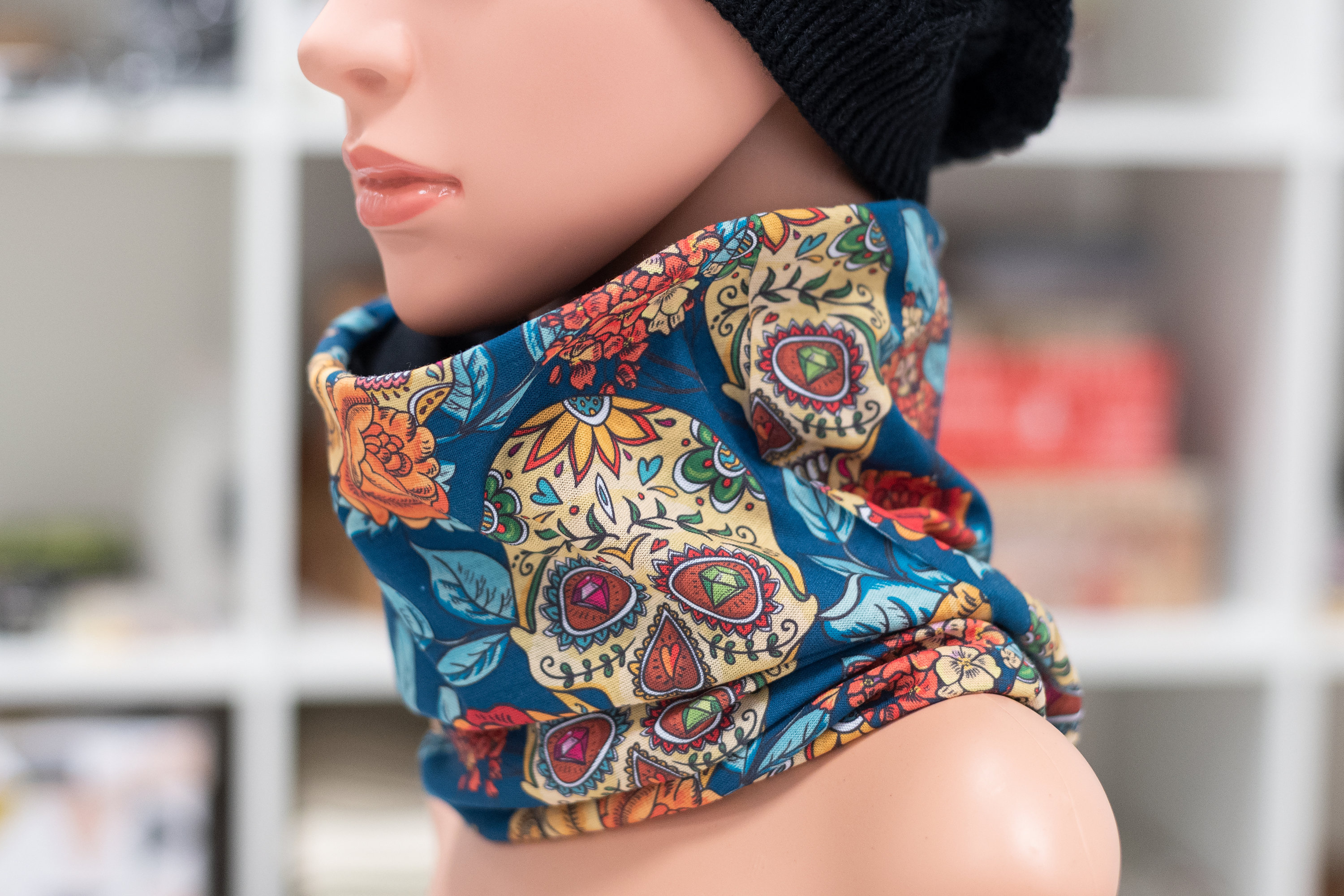 Fleece Lined Neck Gaiter With Day Of The Dead Print, Sugar Skull