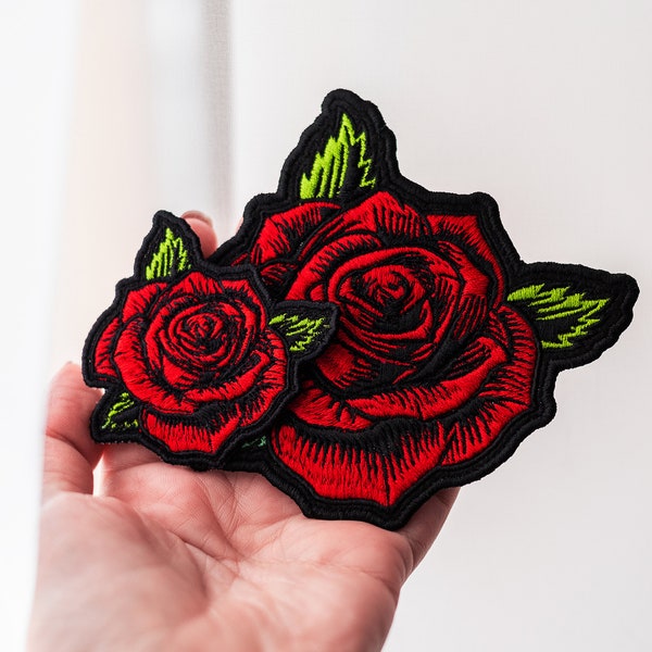 Set of 2 Sew on Rose Patches Big and Small, Embroidered Rose Flower Patches, Different Colours Available, Clothes Decoration