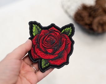 Red Rose Embroidered Patch: Floral Applique Decoration
