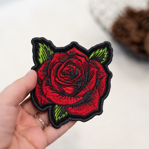 Red Rose Flower Patch, Embroidered Rose Decoration, Sew on Patch