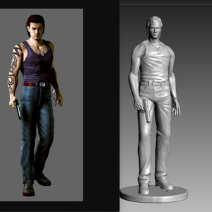 Könnte beinhalten: Ein 3D-Modell eines Mannes, der ein Tanktop, Jeans und eine Pistole trägt. Das Modell befindet sich vor einem grauen Hintergrund.