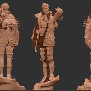 May include: A 3D printed model of a person wearing a long coat, trousers, and boots. The model is posed in three different views, showing the front, side, and back of the figure.
