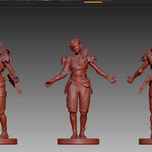 May include: A 3D printed model of a character wearing a futuristic outfit with a sword on their hip. The model is shown from three different angles.