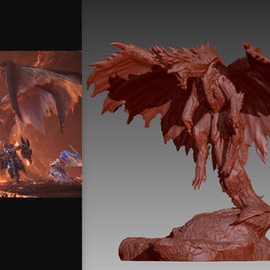 May include: A detailed 3D model of a red dragon with large wings, standing on a rocky base. The dragon is posed in a mid-flight stance with its wings spread wide.
