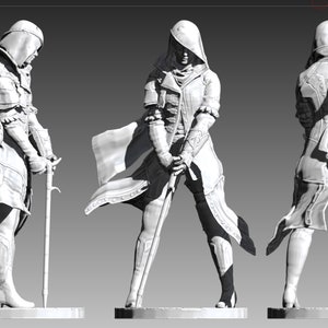May include: A white 3D printed figurine of a person wearing a hooded cloak and holding a sword. The figurine is posed in a dynamic stance with the cloak flowing behind them.