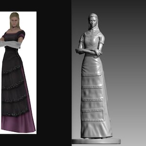 Könnte beinhalten: Eine 3D-gedruckte Figur einer Frau in einem langen, mehrlagigen Kleid mit hohem Ausschnitt. Die Figur ist in Grautönen bemalt.