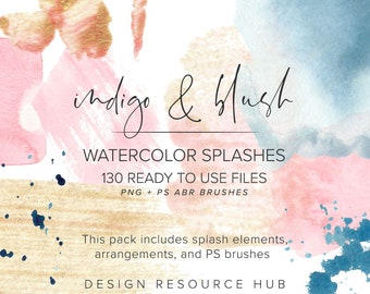 Indigo & Blush Watercolor Splash Pack • Logo Artwork • Website Graphics • Watercolor Graphics • Photoshop Brushes • Watercolor Textures