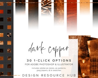 Dark Copper Foil Photoshop Style Pack • One Click Layer Style Pack • Incluye archivos .asl .ai .pat + papeles jpg • Estilo de texto • 30 estilos
