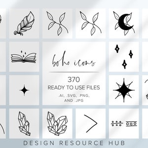 以下が含まれることがあります： 羽根、葉、星、月、クリスタル、手など、370個の白黒のボヘミアンアイコンのセット。アイコンはAI、SVG、PNG、JPG形式で使用できます。