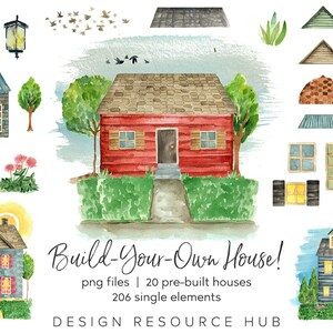 May include: Watercolor illustrations of houses and building elements. The image includes a red house, a blue house, and a gray house, along with doors, windows, trees, and other decorative elements. Text reads "Build-Your-Own House!" and "DESIGN RESOURCE HUB".