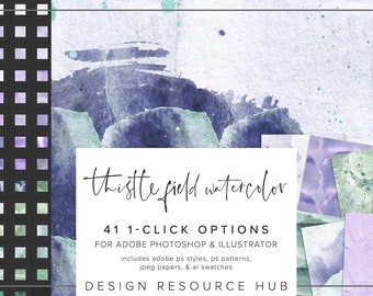 Thistle Field Watercolor Photoshop Style Pack • One Click Layer Styles • Incluye archivos .asl .ai .pat + jpg Papers • Text Style • 41 Styles