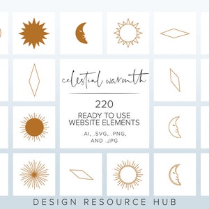 以下が含まれることがあります： 太陽、月、星、幾何学模様など、天体モチーフのウェブサイト要素220個のセット。要素は金色のアウトラインで描かれており、ウェブサイトのデザインにすぐに使用できます。